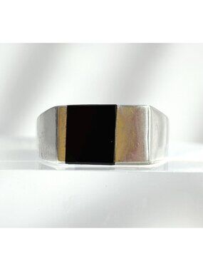 Black Onyx Geometric Modernist Sterling Silver 925 Vintage Ring - sz 13.75